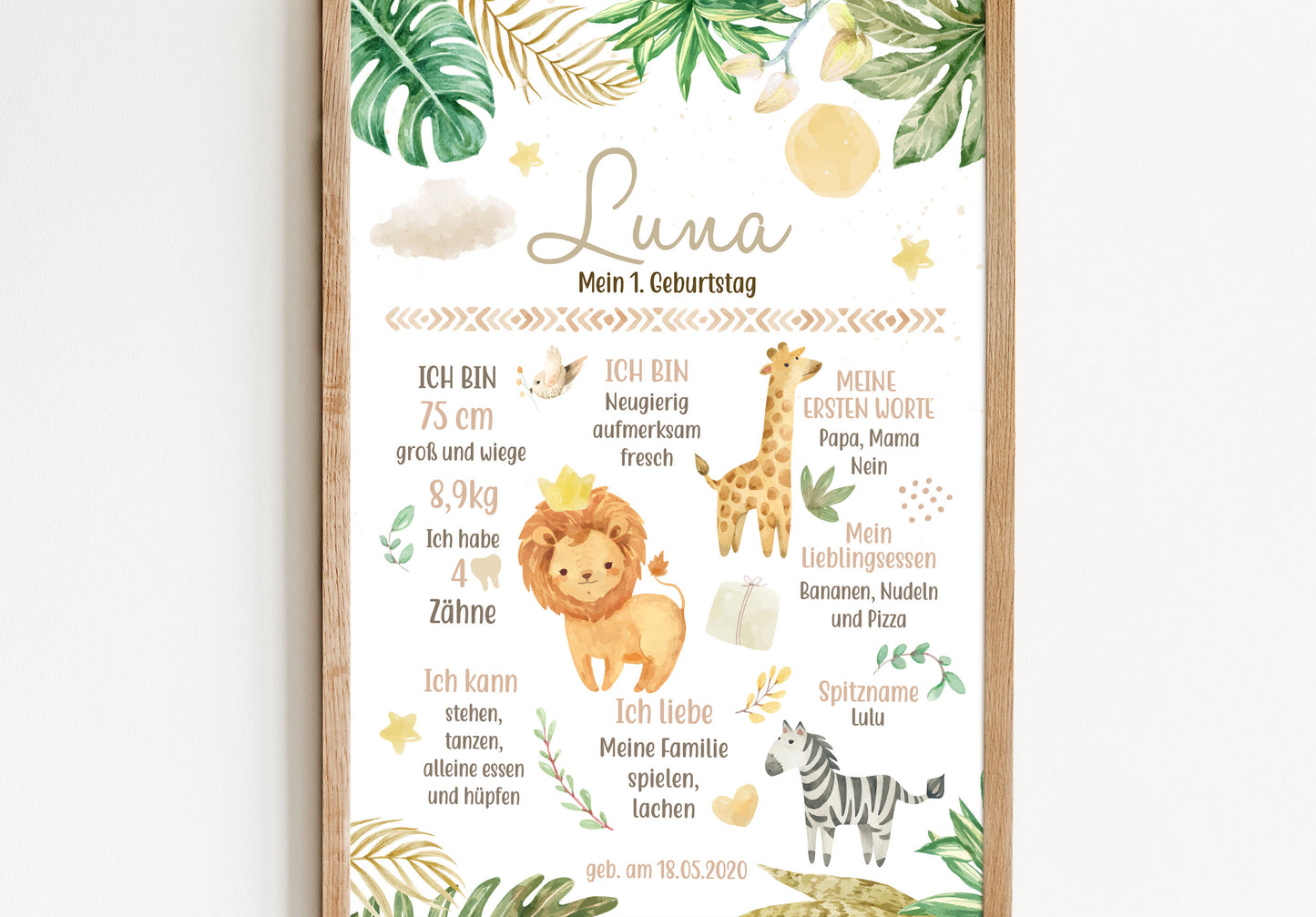 Meilensteintafel zum 1. Geburtstag, personalisiert, Safari, Geburtstagsposter, Wild one, Löwe 10
