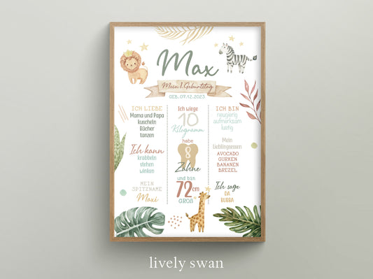 Meilensteintafel zum 1. Geburtstag, personalisiert, Safari, Geburtstagsposter, Wild one, Löwe 7