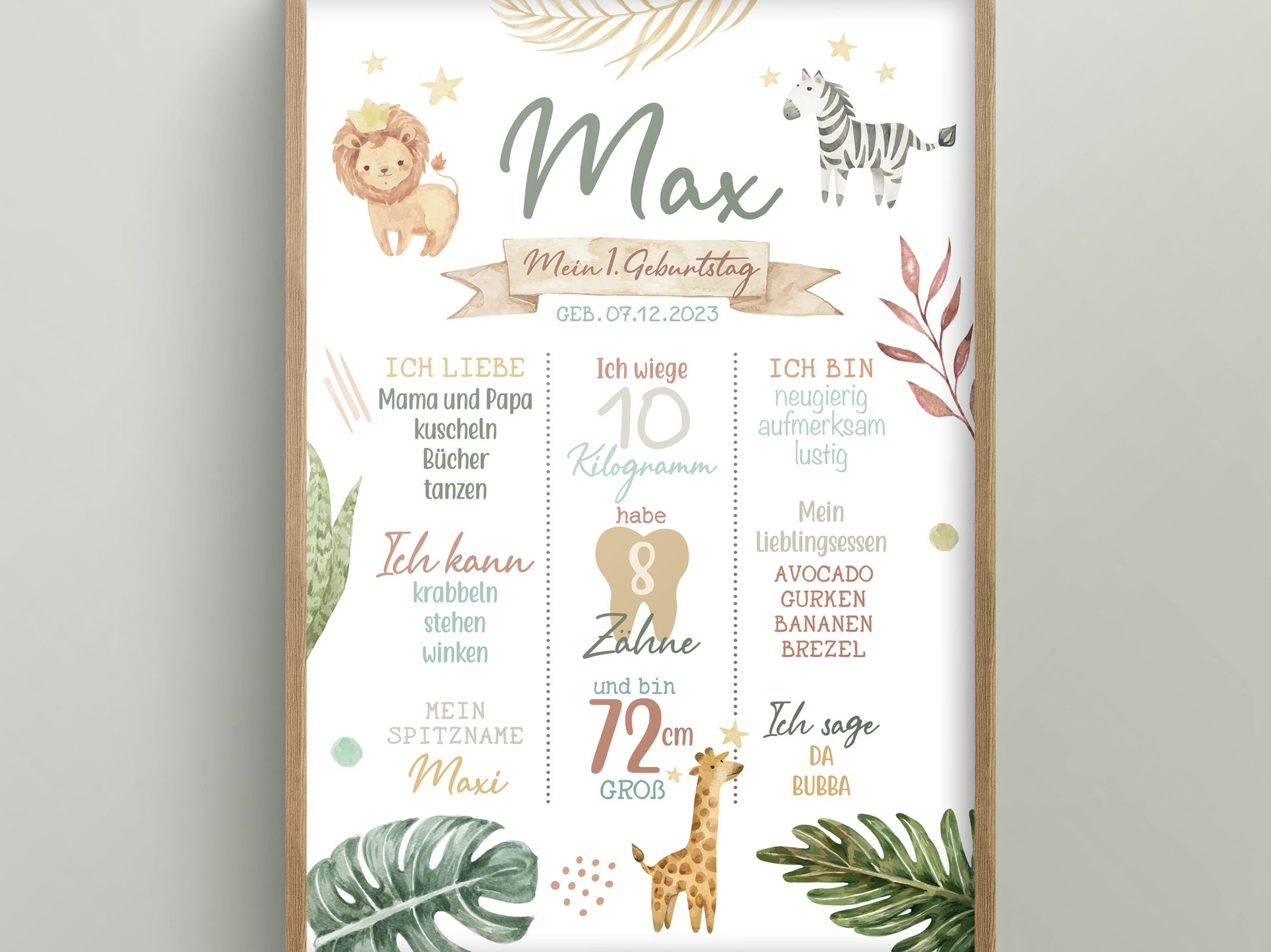 Meilensteintafel zum 1. Geburtstag, personalisiert, Safari, Geburtstagsposter, Wild one, Löwe 7