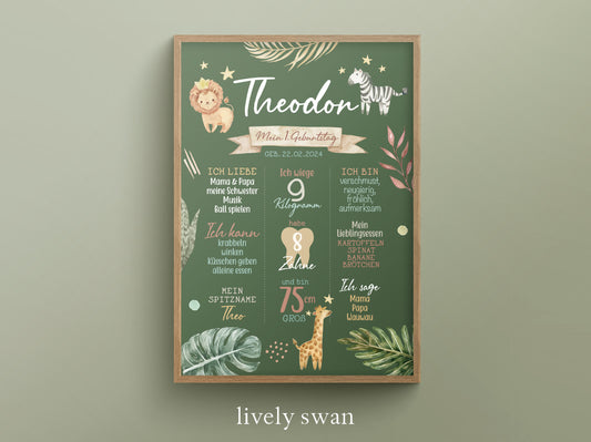 Meilensteintafel zum 1. Geburtstag, personalisiert, Safari, Geburtstagsposter, Wild one, Löwe 7