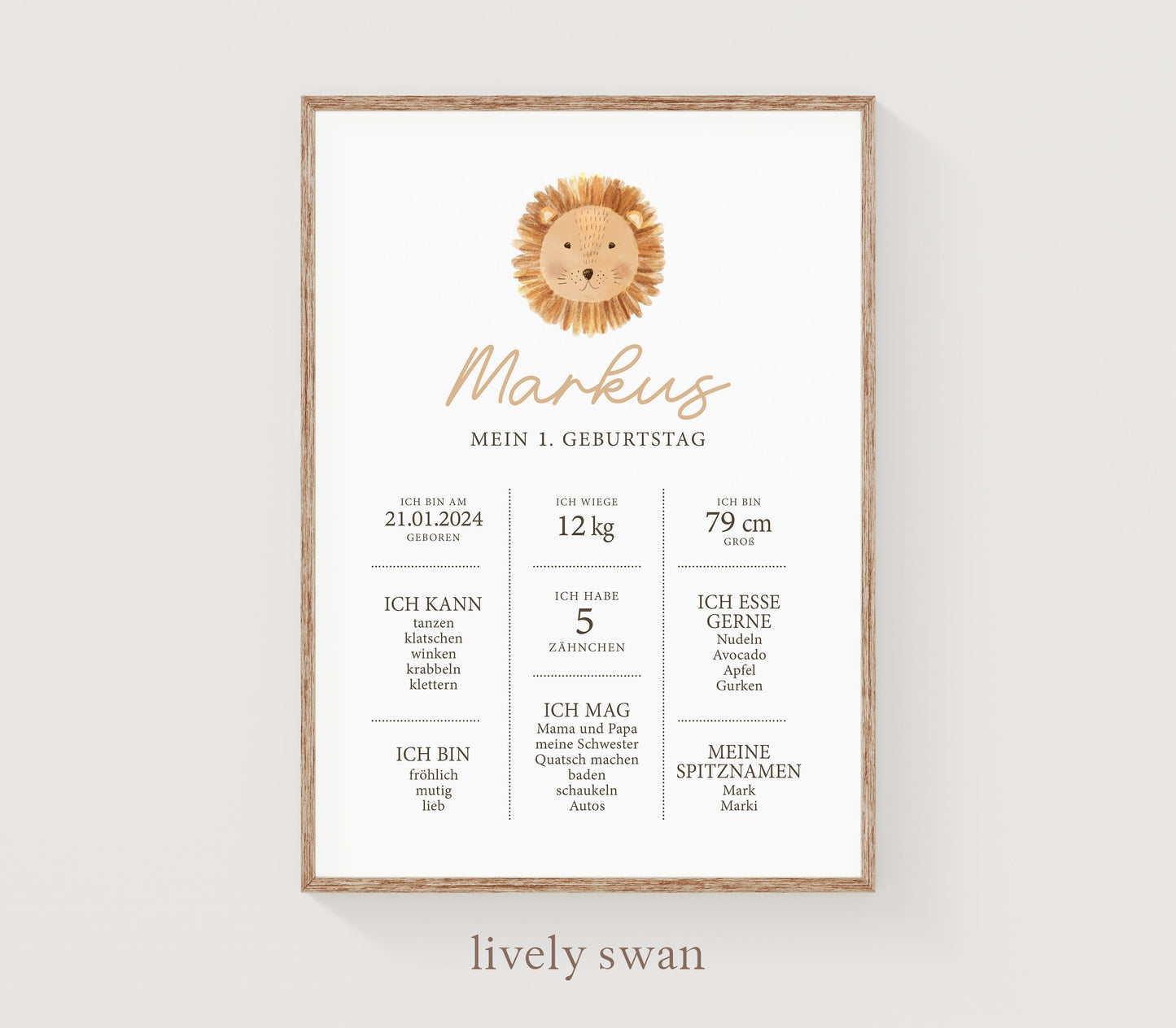 Meilensteintafel zum 1. Geburtstag, personalisiert, Safari, Geburtstagsposter, Wild one, Löwe 8
