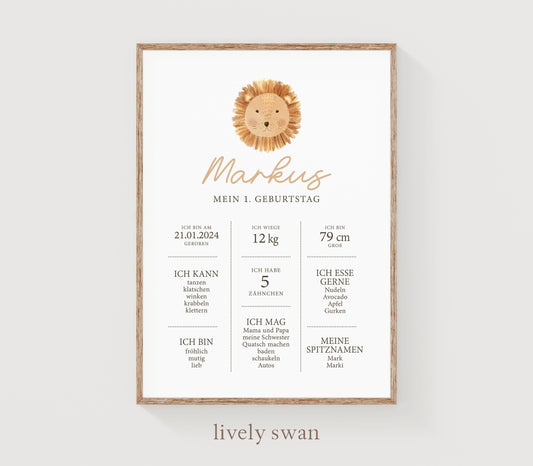Meilensteintafel zum 1. Geburtstag, personalisiert, Safari, Geburtstagsposter, Wild one, Löwe 8