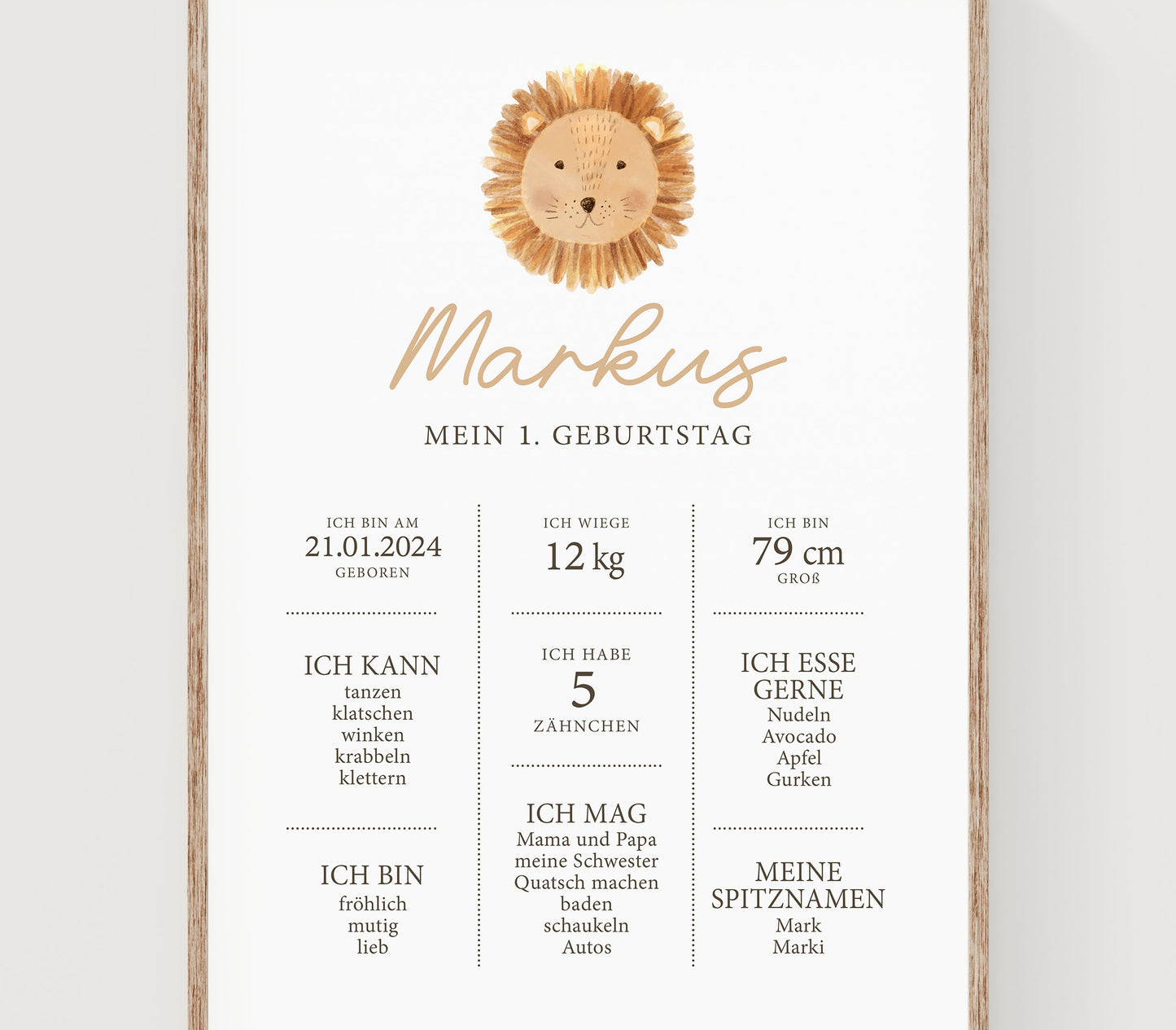 Meilensteintafel zum 1. Geburtstag, personalisiert, Safari, Geburtstagsposter, Wild one, Löwe 8