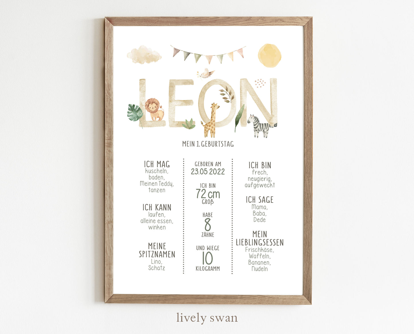 Meilensteintafel zum 1. Geburtstag, personalisiert, Safari, Geburtstagsposter, Wild one, Löwe 9