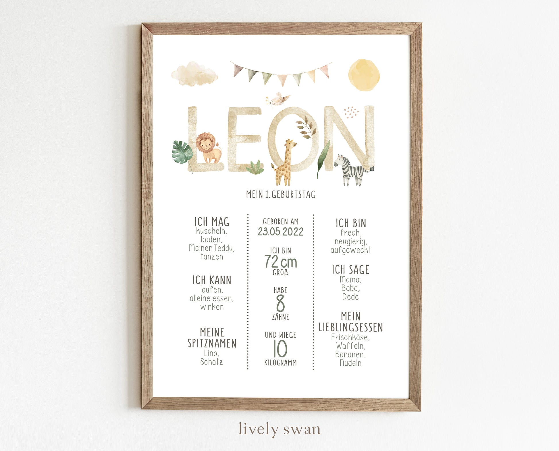 Meilensteintafel zum 1. Geburtstag, personalisiert, Safari, Geburtstagsposter, Wild one, Löwe 9