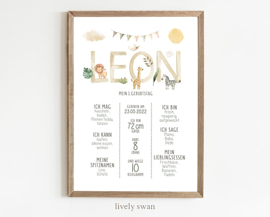 Meilensteintafel zum 1. Geburtstag, personalisiert, Safari, Geburtstagsposter, Wild one, Löwe 9