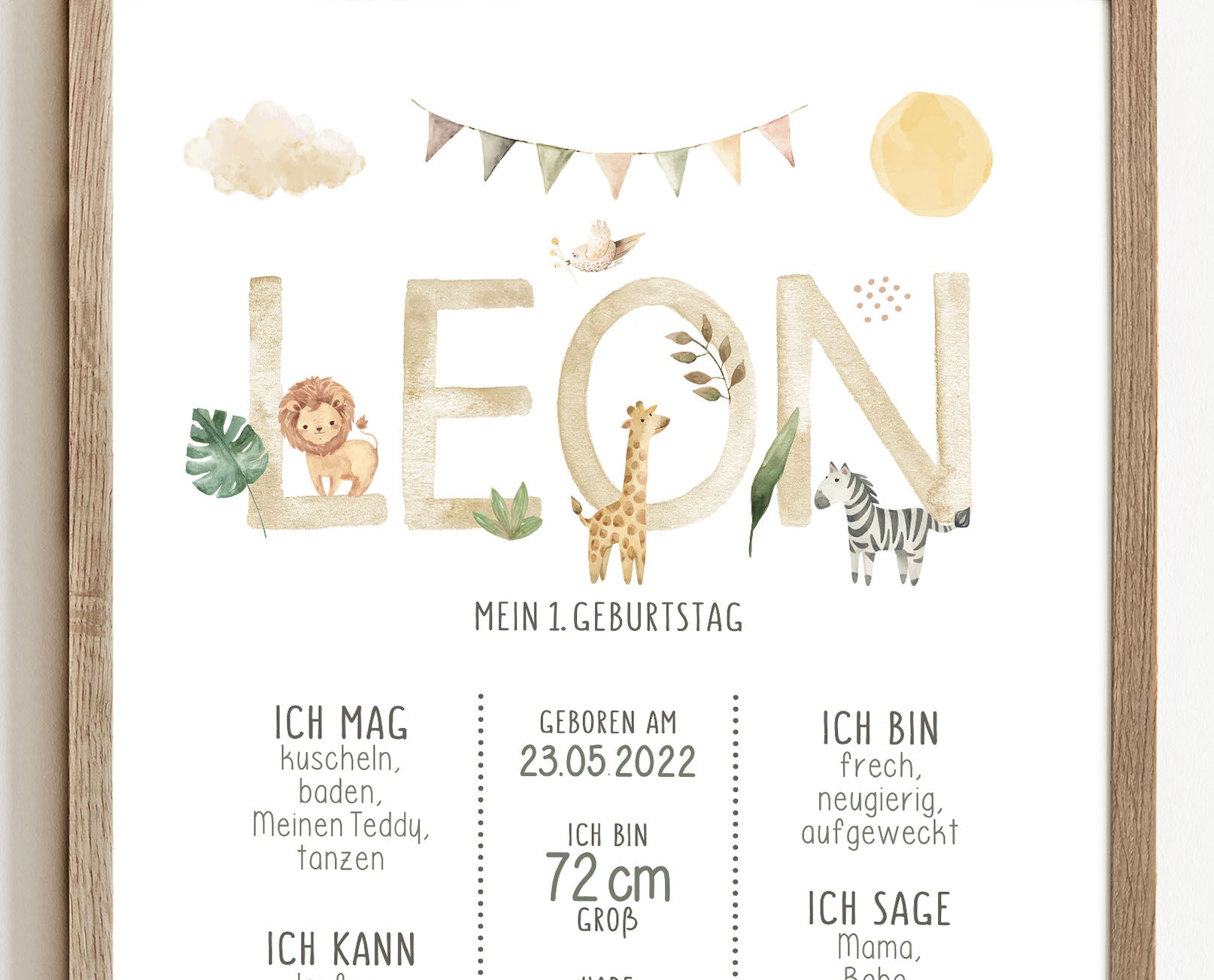 Meilensteintafel zum 1. Geburtstag, personalisiert, Safari, Geburtstagsposter, Wild one, Löwe 9