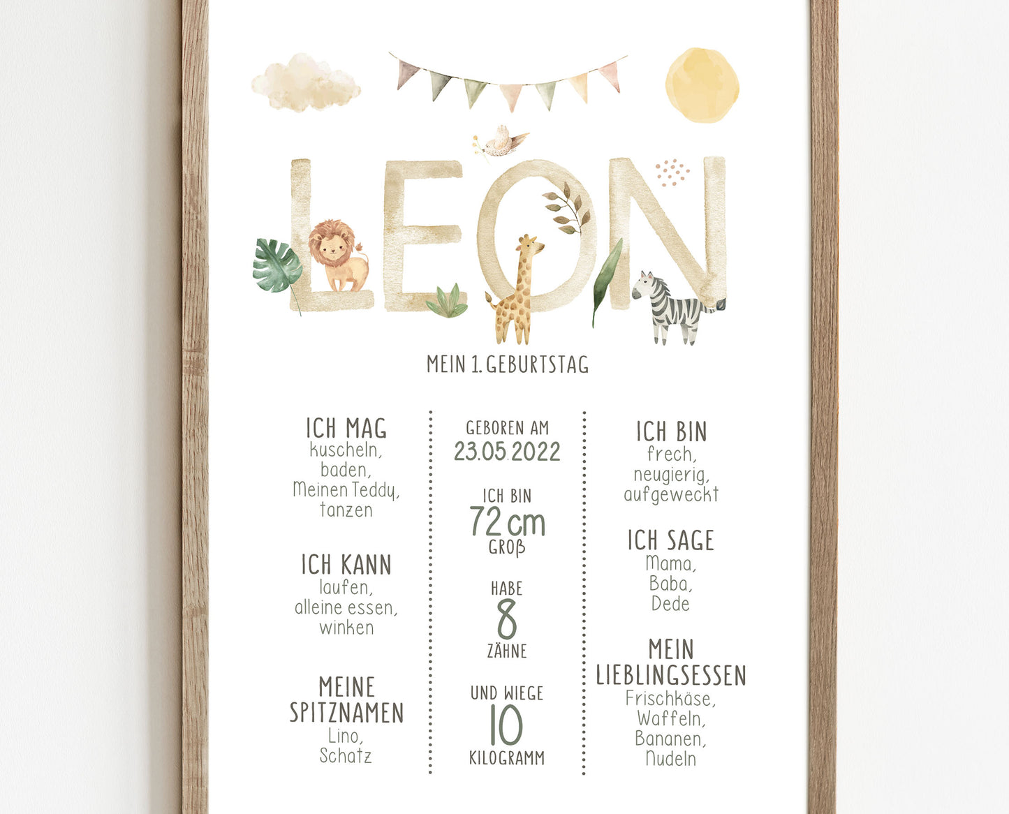Meilensteintafel zum 1. Geburtstag, personalisiert, Safari, Geburtstagsposter, Wild one, Löwe 9
