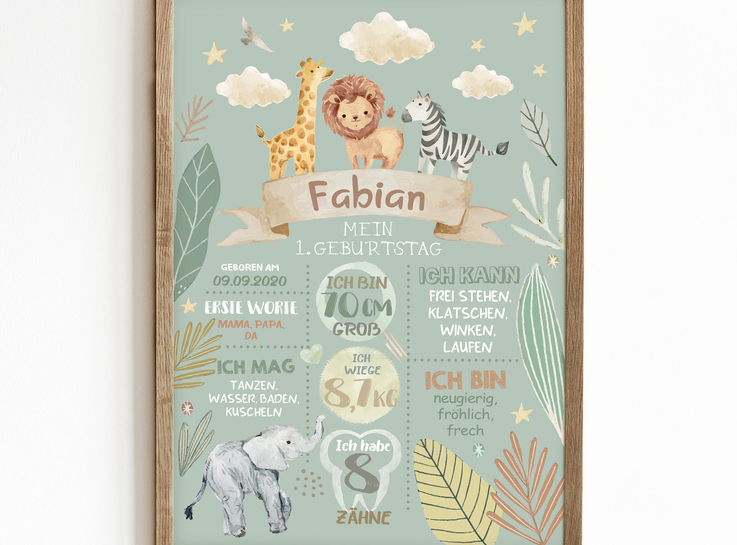 Meilensteintafel zum 1. Geburtstag, personalisiert, Safari, Geburtstagsposter, Wild one, Löwe