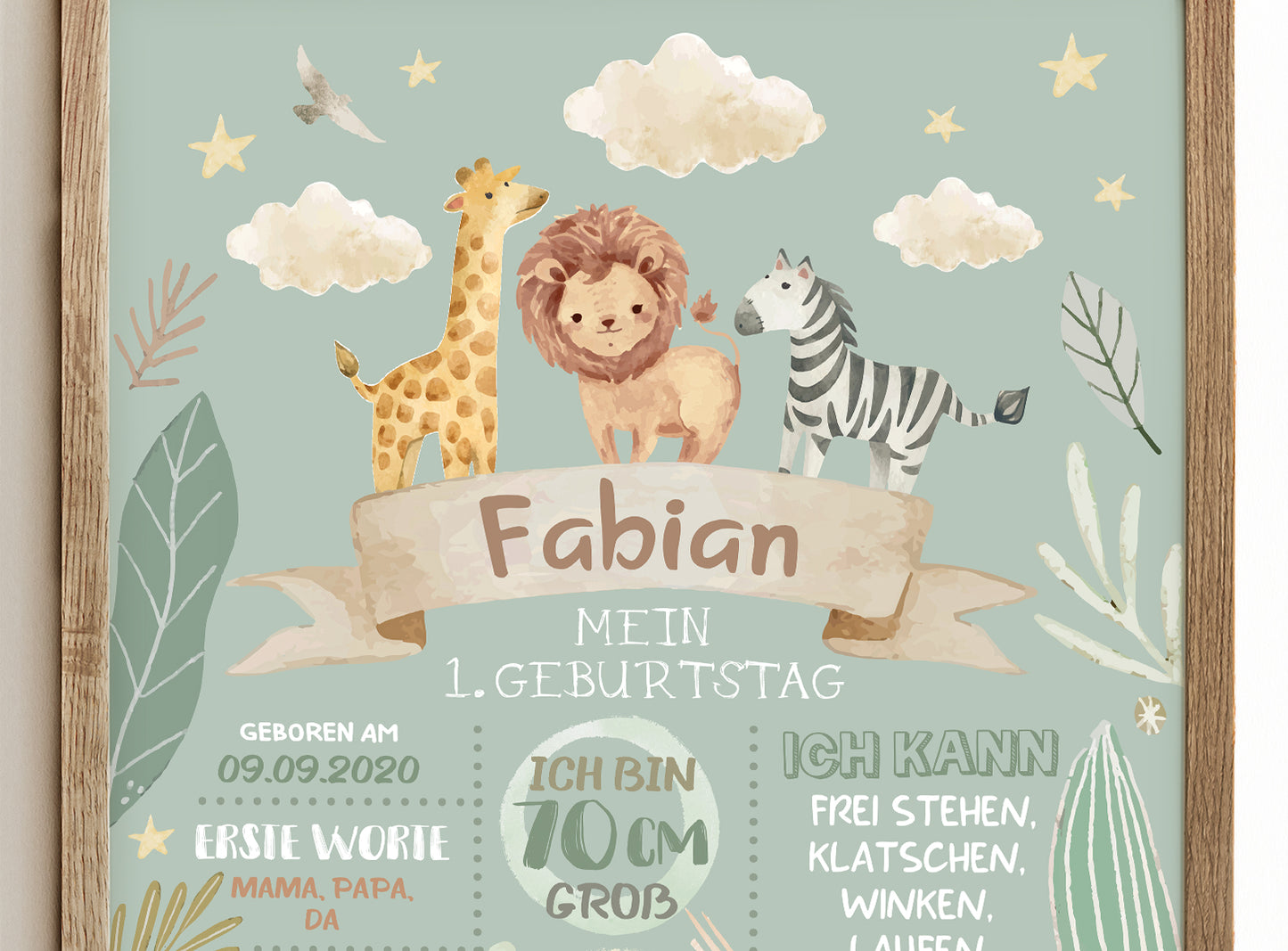 Meilensteintafel zum 1. Geburtstag, personalisiert, Safari, Geburtstagsposter, Wild one, Löwe