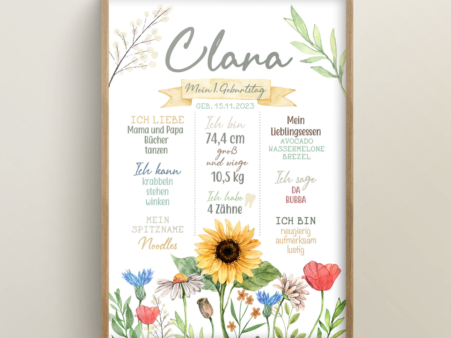 Meilensteintafel zum 1. Geburtstag, personalisiert, Sonnenblumen, Geburtstagsposter