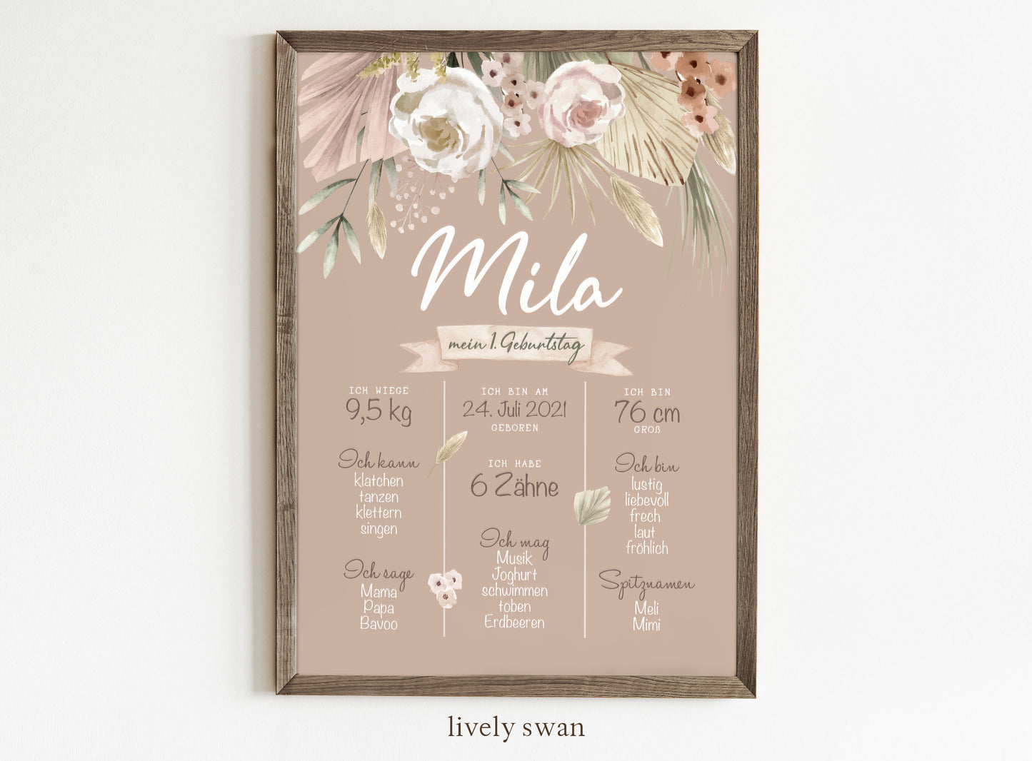 Meilensteintafel zum 1. Geburtstag, personalisiert, Blumen, Pampas, Geburtstagsposter 2