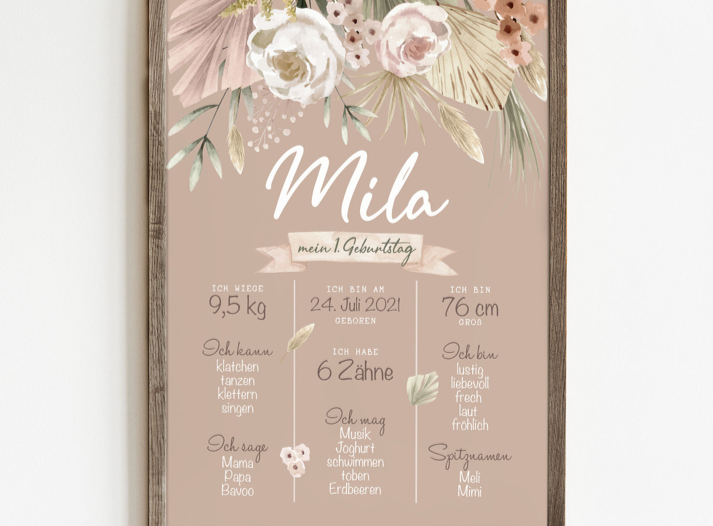 Meilensteintafel zum 1. Geburtstag, personalisiert, Blumen, Pampas, Geburtstagsposter 2