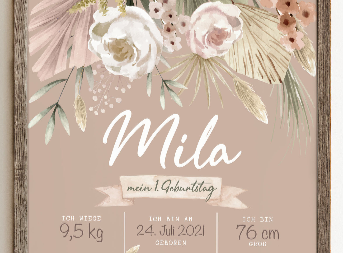 Meilensteintafel zum 1. Geburtstag, personalisiert, Blumen, Pampas, Geburtstagsposter 2