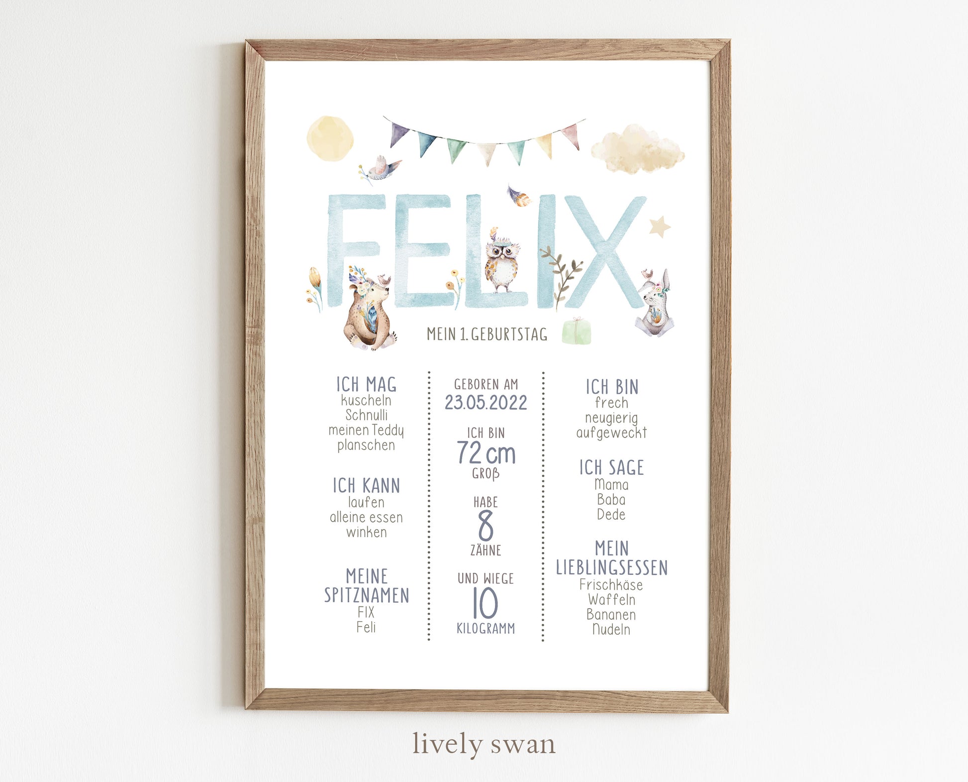 Meilensteintafel zum 1. Geburtstag, personalisiert, Waldtiere, Geburtstagsposter 6