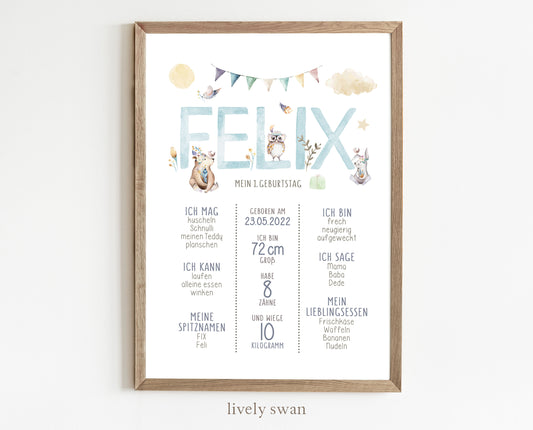 Meilensteintafel zum 1. Geburtstag, personalisiert, Waldtiere, Geburtstagsposter 6