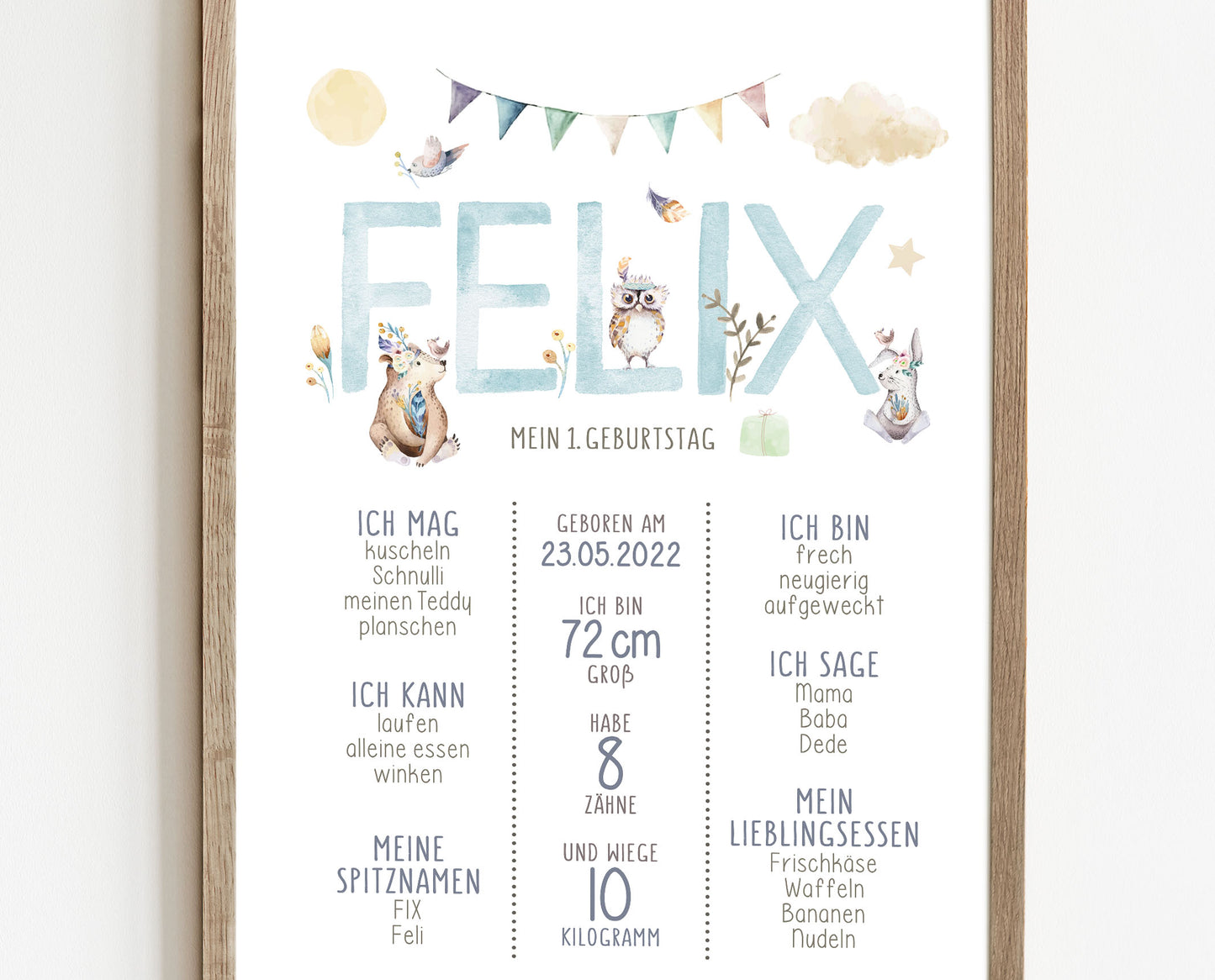 Meilensteintafel zum 1. Geburtstag, personalisiert, Waldtiere, Geburtstagsposter 6