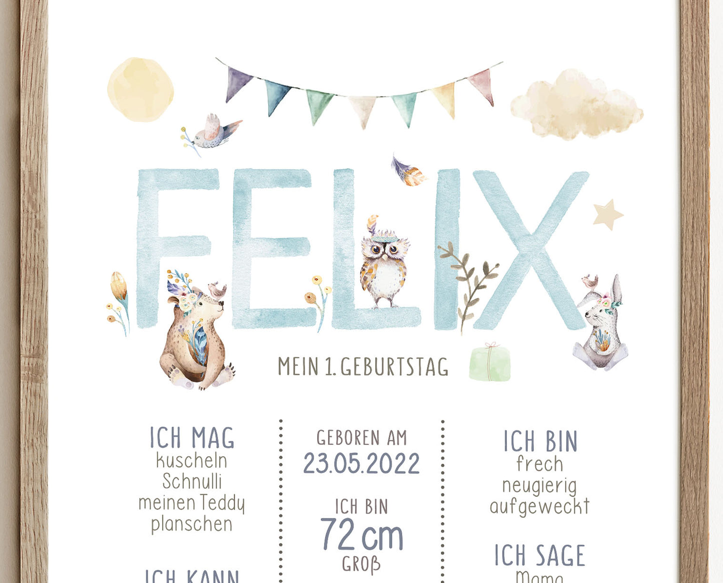 Meilensteintafel zum 1. Geburtstag, personalisiert, Waldtiere, Geburtstagsposter 6