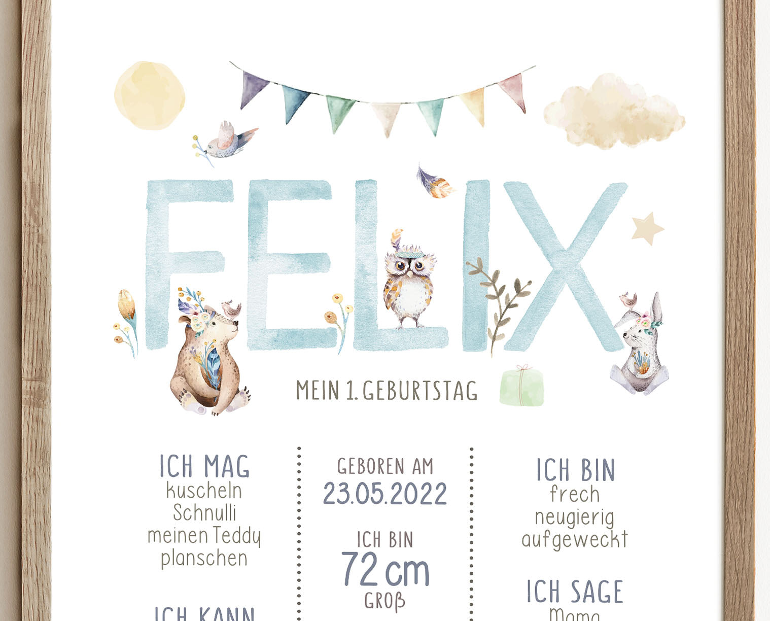 Meilensteintafel zum 1. Geburtstag, personalisiert, Waldtiere, Geburtstagsposter 6