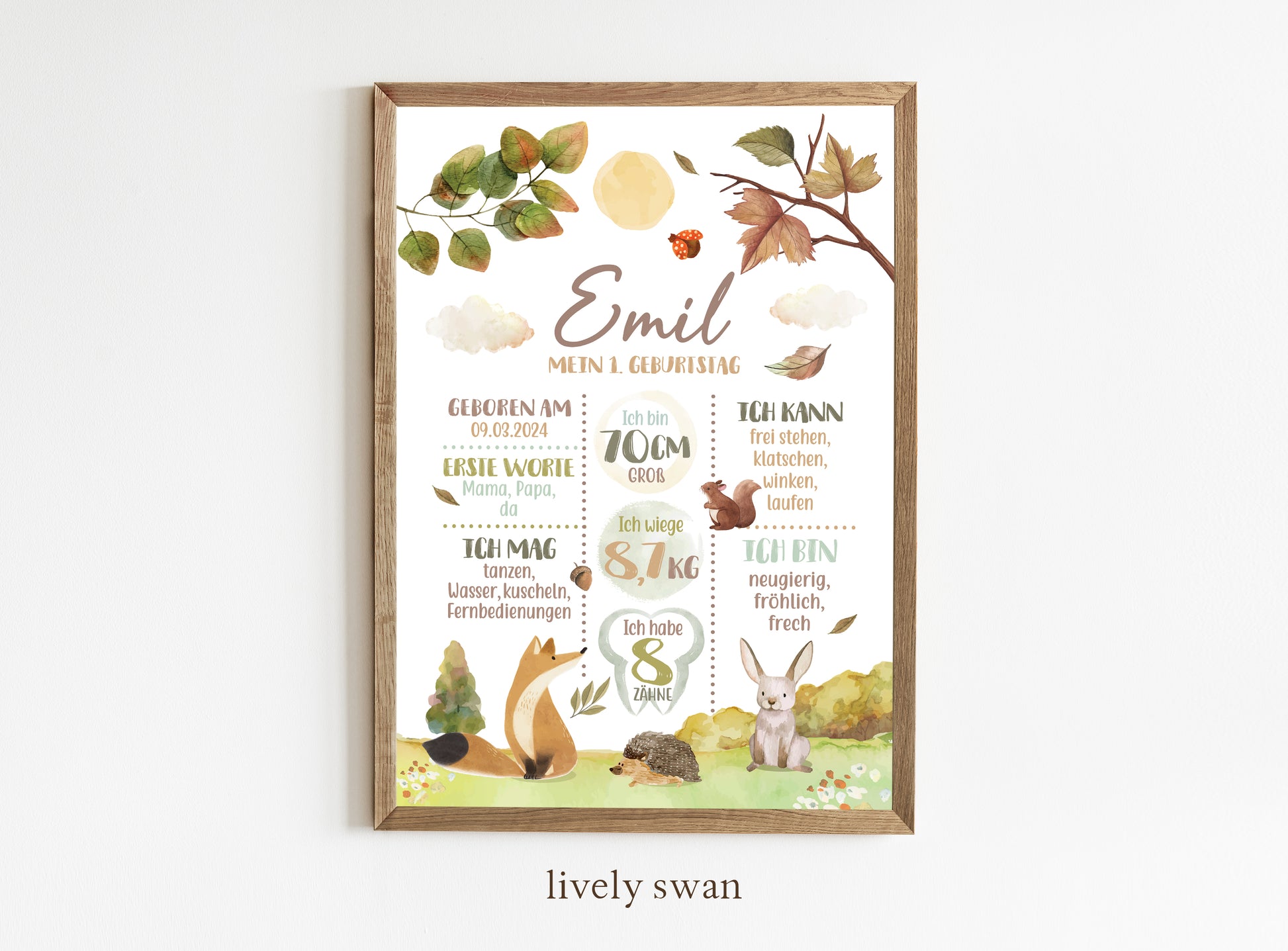 Meilensteintafel zum 1. Geburtstag, personalisiert, Waldtiere, Geburtstagsposter