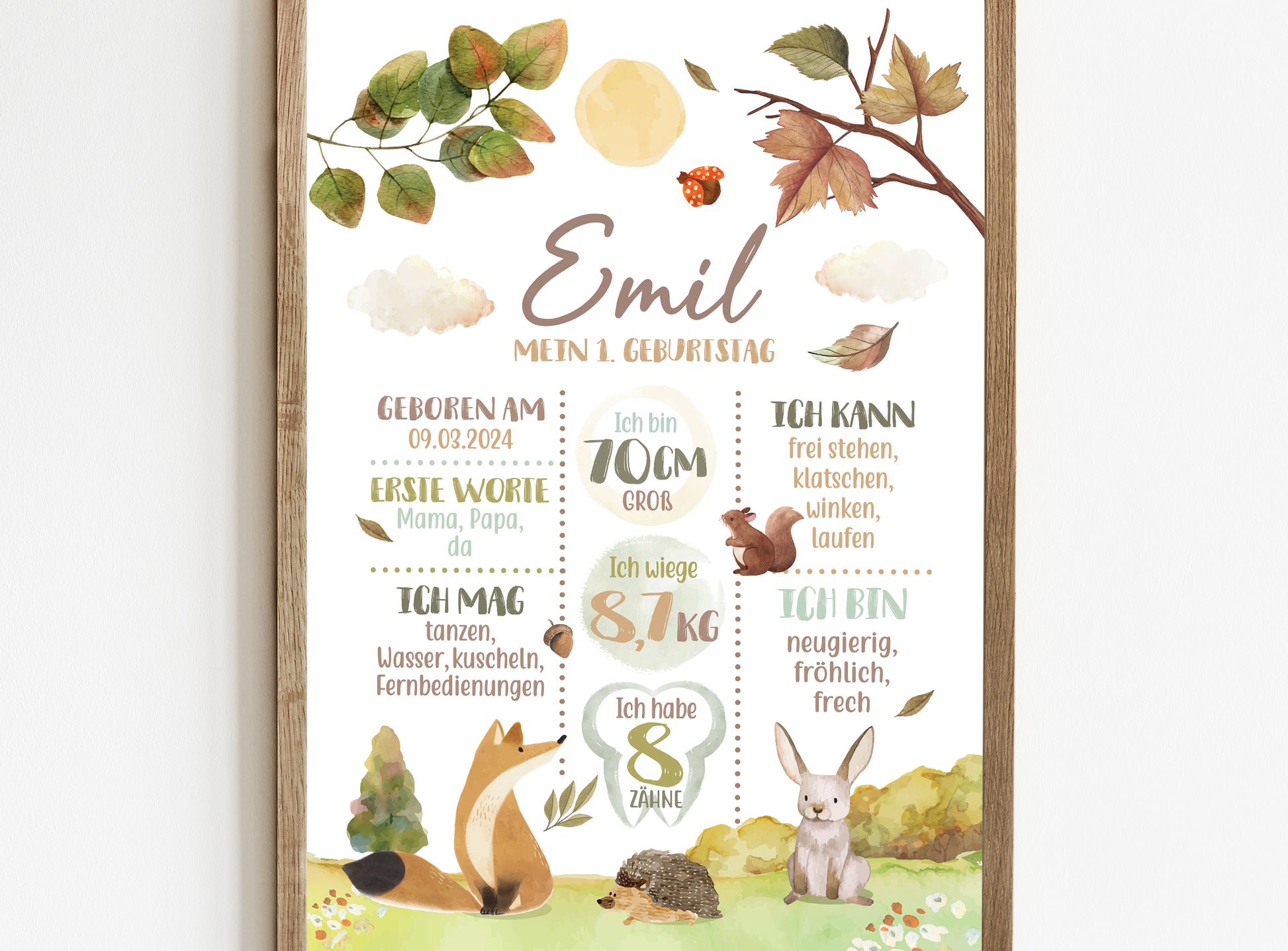 Meilensteintafel zum 1. Geburtstag, personalisiert, Waldtiere, Geburtstagsposter