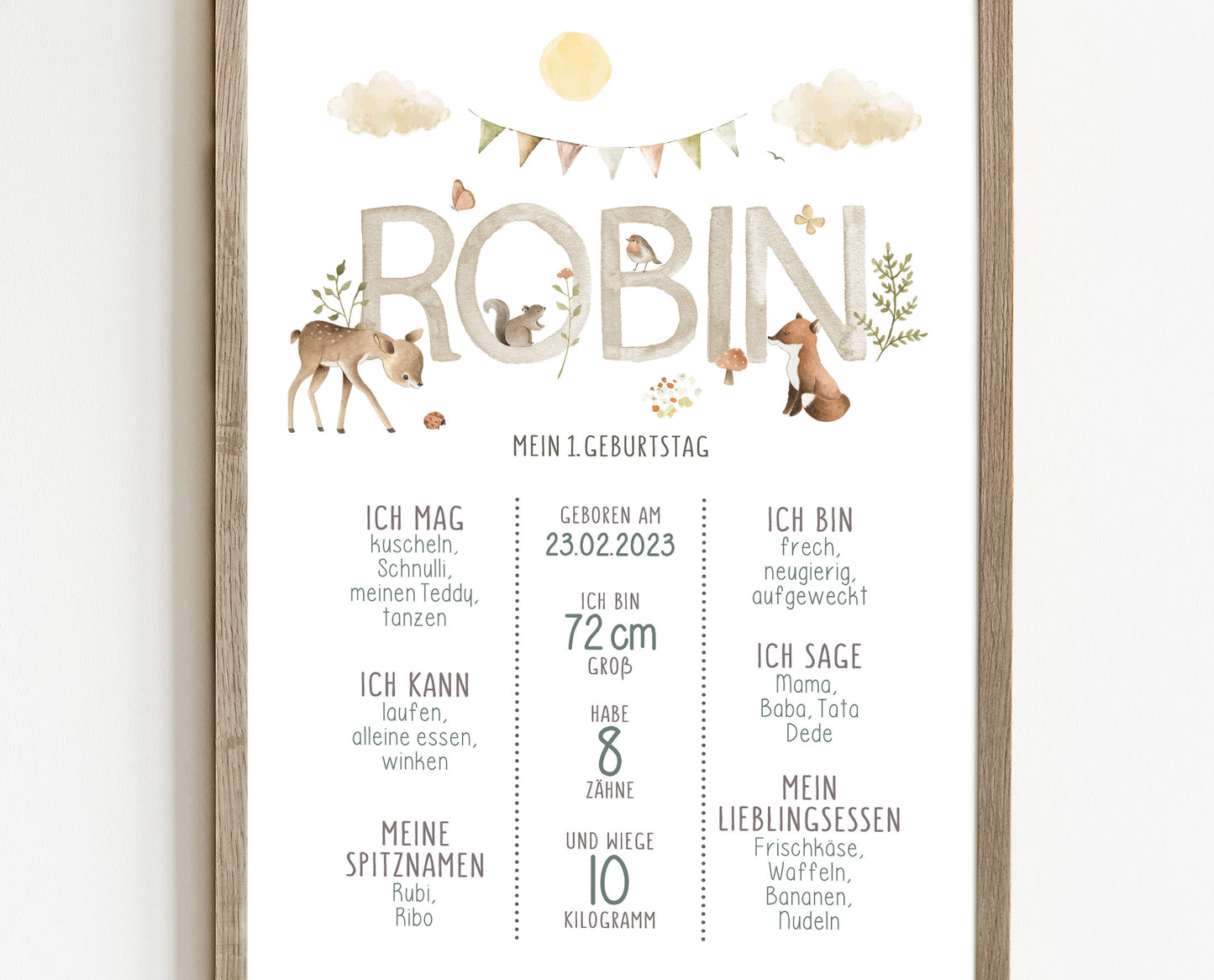 Meilensteintafel zum 1. Geburtstag, personalisiert, Waldtiere, Geburtstagsposter 3