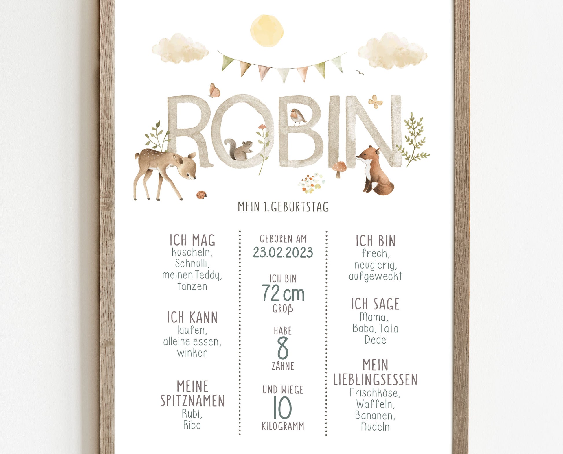 Meilensteintafel zum 1. Geburtstag, personalisiert, Waldtiere, Geburtstagsposter 3