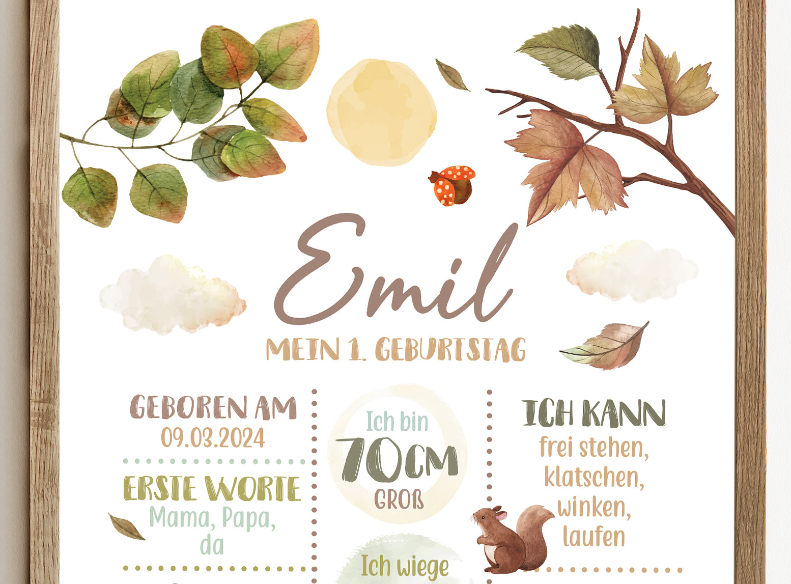 Meilensteintafel zum 1. Geburtstag, personalisiert, Waldtiere, Geburtstagsposter