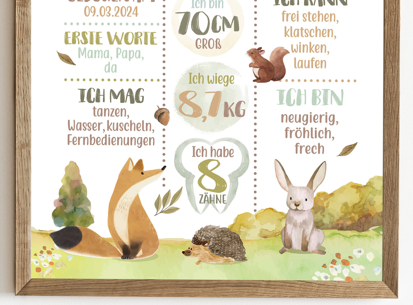 Meilensteintafel zum 1. Geburtstag, personalisiert, Waldtiere, Geburtstagsposter