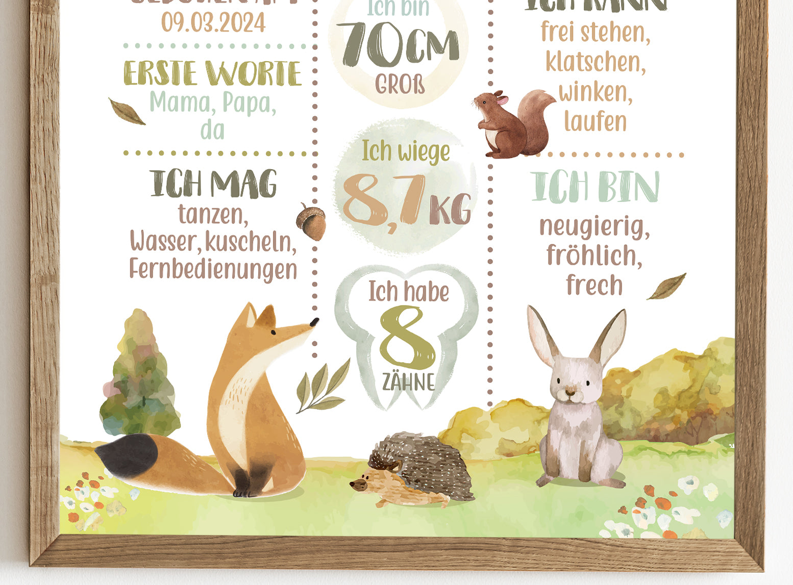 Meilensteintafel zum 1. Geburtstag, personalisiert, Waldtiere, Geburtstagsposter