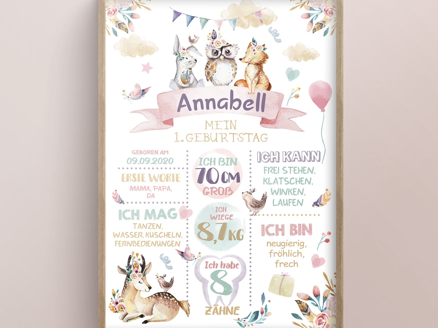 Meilensteintafel zum 1. Geburtstag, personalisiert, Waldtiere, Geburtstagsposter