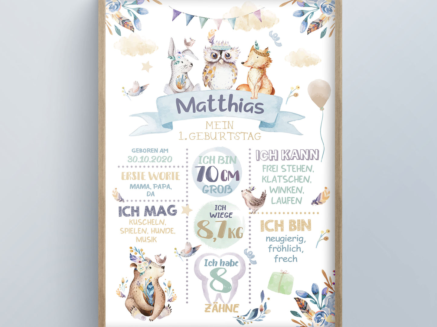 Meilensteintafel zum 1. Geburtstag, personalisiert, Waldtiere, Geburtstagsposter 2