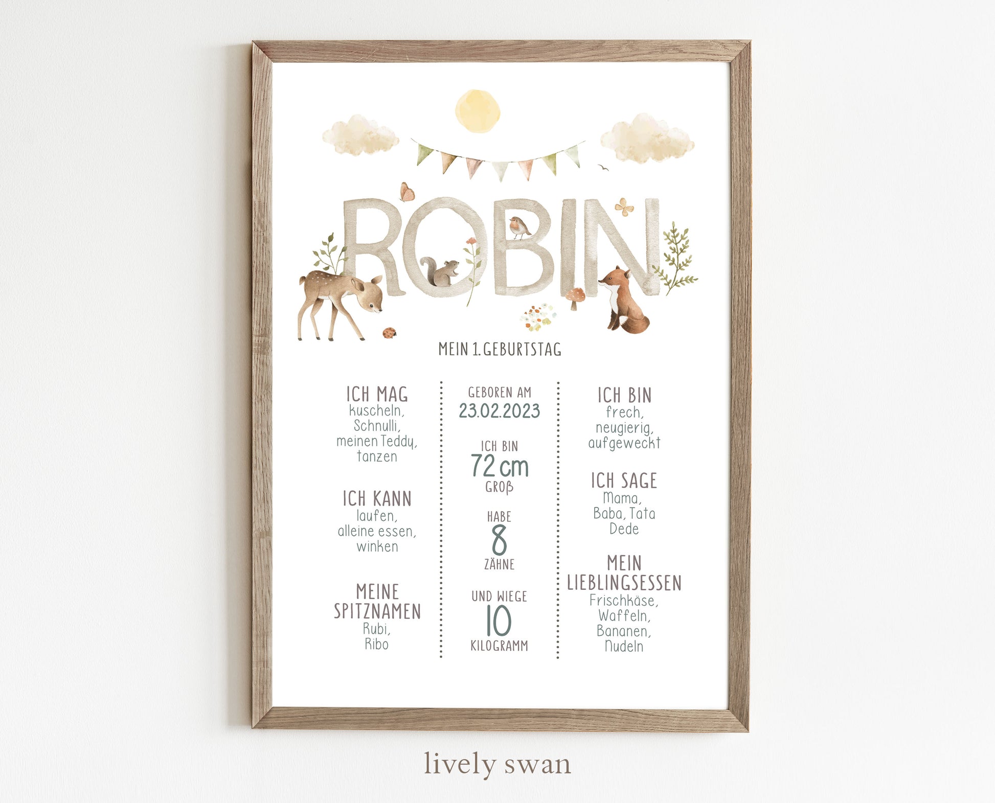 Meilensteintafel zum 1. Geburtstag, personalisiert, Waldtiere, Geburtstagsposter 3