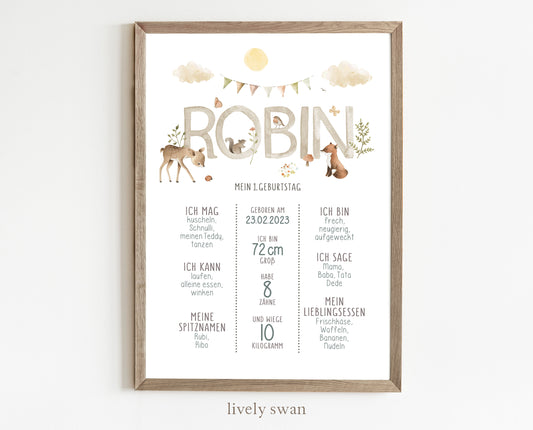 Meilensteintafel zum 1. Geburtstag, personalisiert, Waldtiere, Geburtstagsposter 3