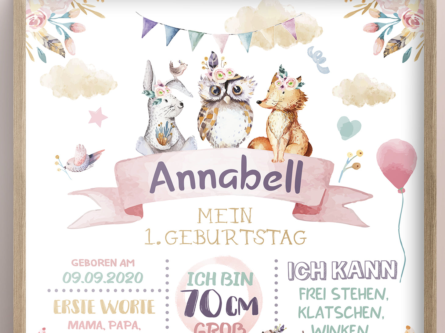 Meilensteintafel zum 1. Geburtstag, personalisiert, Waldtiere, Geburtstagsposter