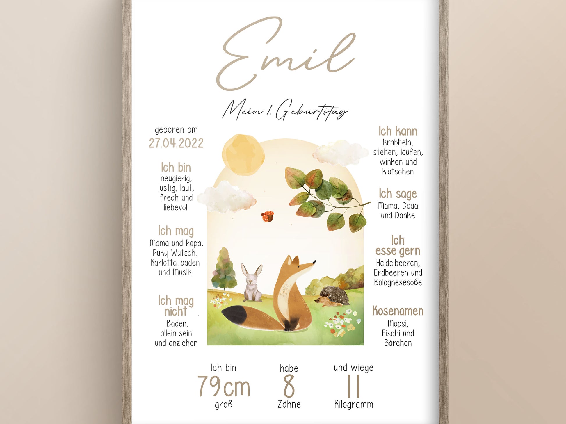Meilensteintafel zum 1. Geburtstag, personalisiert, Waldtiere, Geburtstagsposter 4