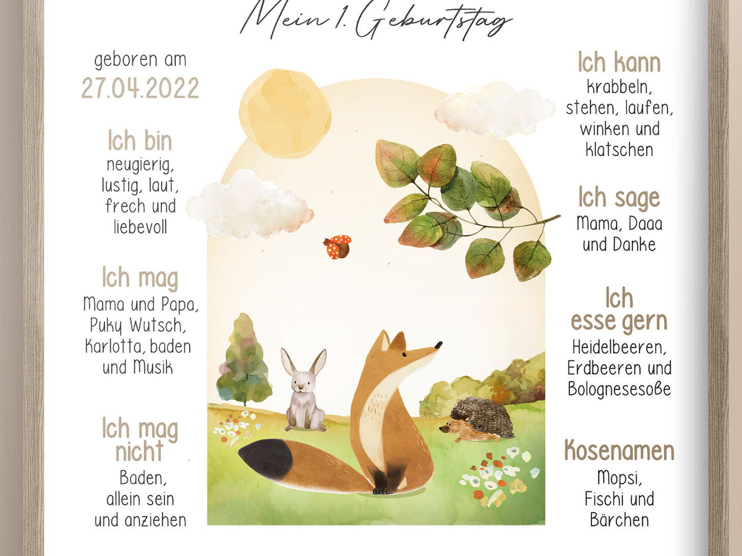 Meilensteintafel zum 1. Geburtstag, personalisiert, Waldtiere, Geburtstagsposter 4