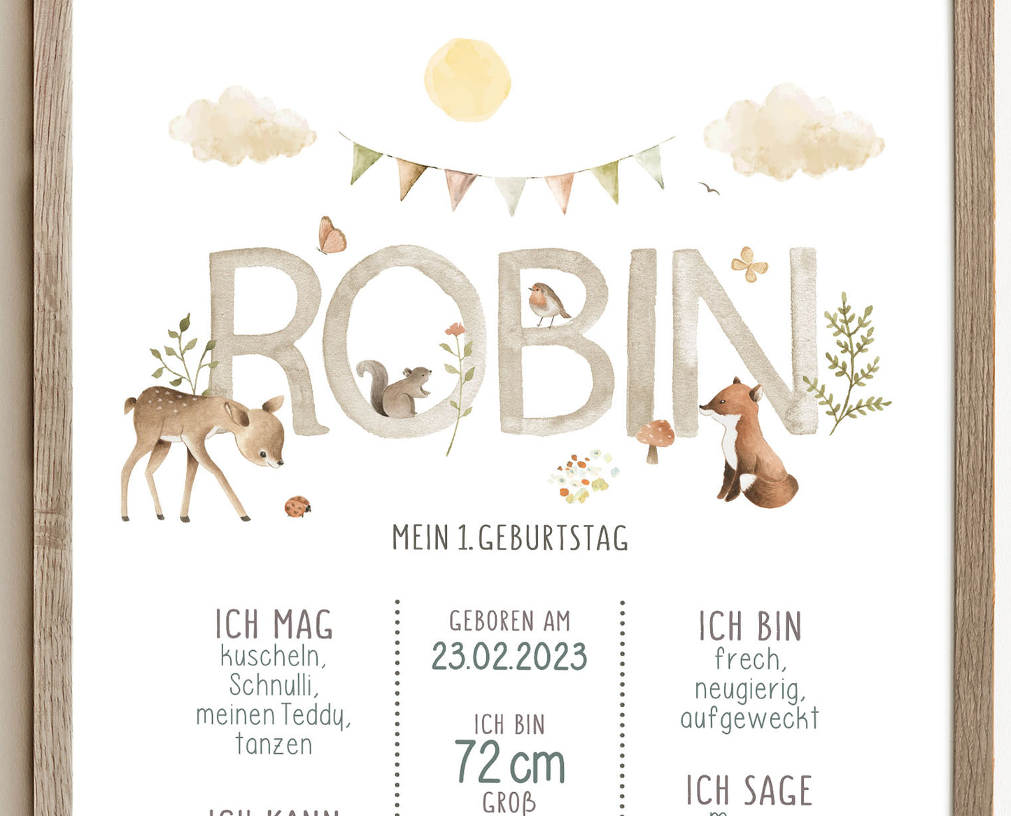 Meilensteintafel zum 1. Geburtstag, personalisiert, Waldtiere, Geburtstagsposter 3