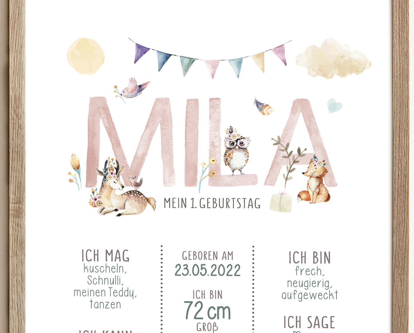 Meilensteintafel zum 1. Geburtstag, personalisiert, Waldtiere, Geburtstagsposter 5