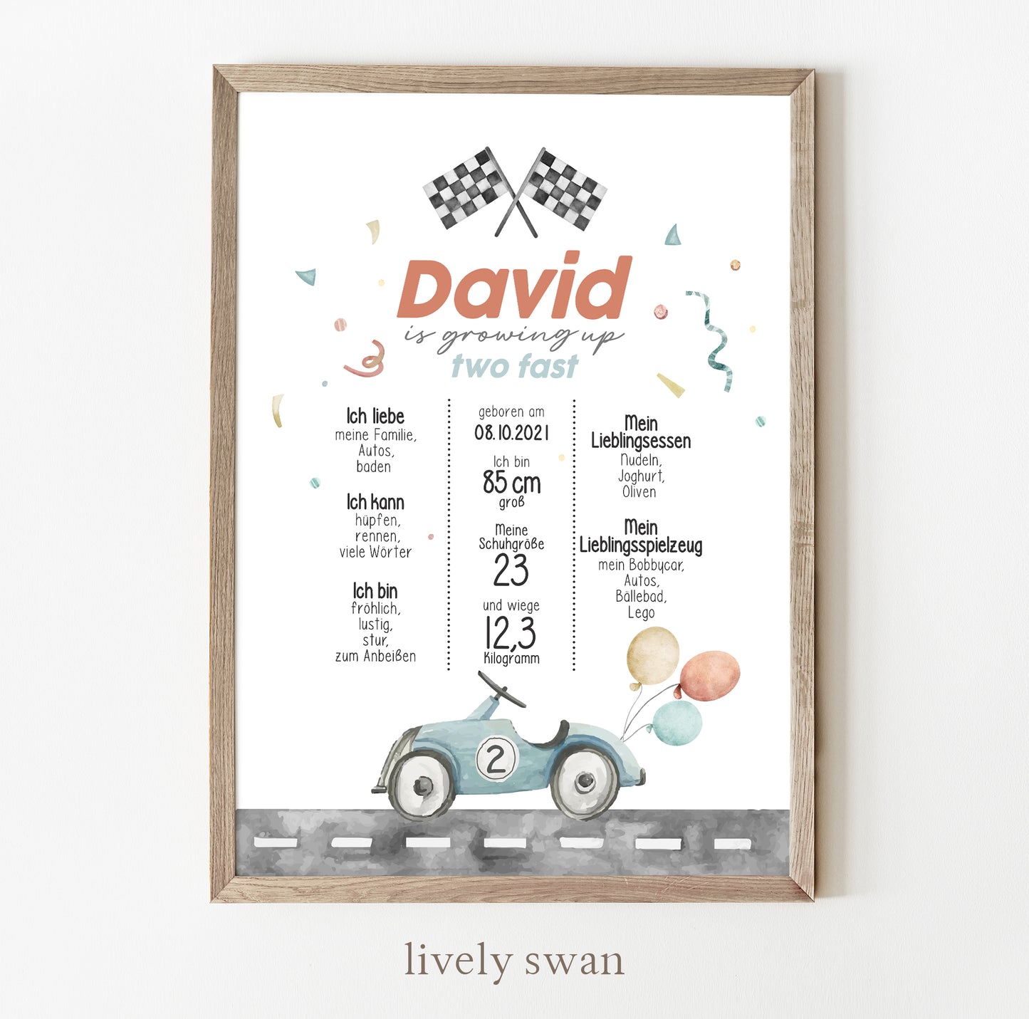 Meilensteintafel zum 2. Geburtstag, personalisiert, Rennauto, Racing car, Geburtstagsposter