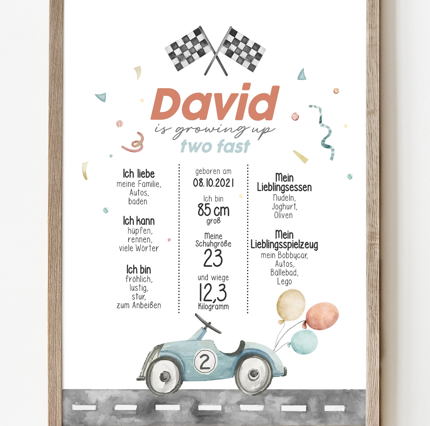 Meilensteintafel zum 2. Geburtstag, personalisiert, Rennauto, Racing car, Geburtstagsposter
