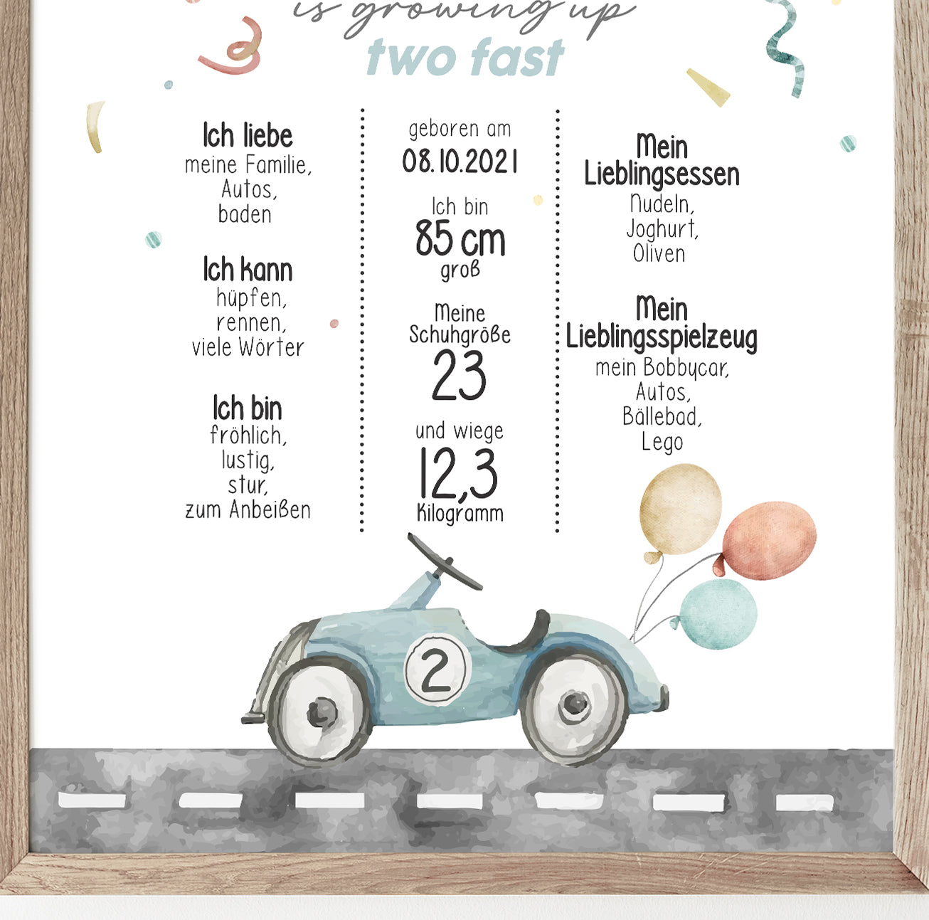 Meilensteintafel zum 2. Geburtstag, personalisiert, Rennauto, Racing car, Geburtstagsposter