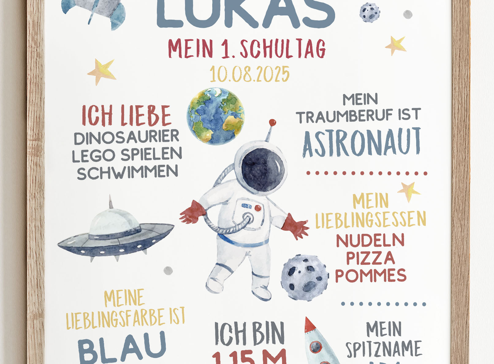 Personalisierte Meilensteintafel zur Einschulung, Meilensteinposter, Astronaut