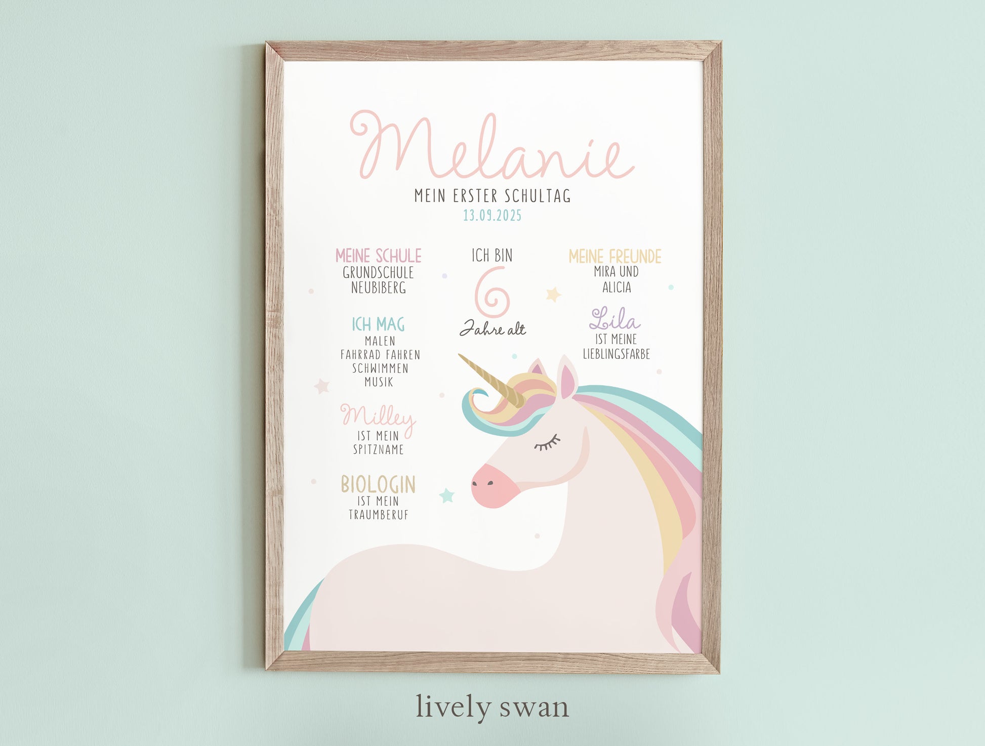 Personalisierte Meilensteintafel zur Einschulung, Meilensteinposter, Einhorn