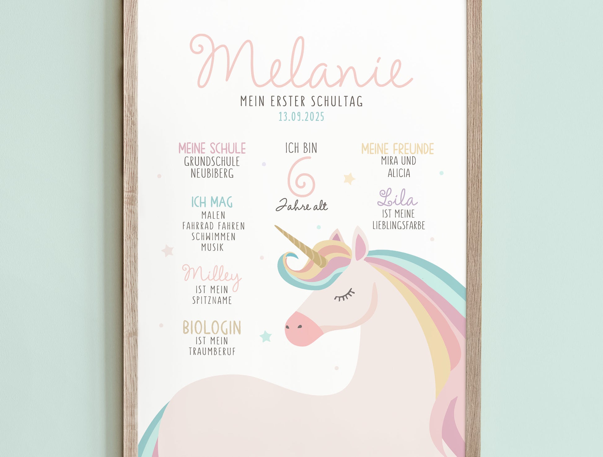Personalisierte Meilensteintafel zur Einschulung, Meilensteinposter, Einhorn