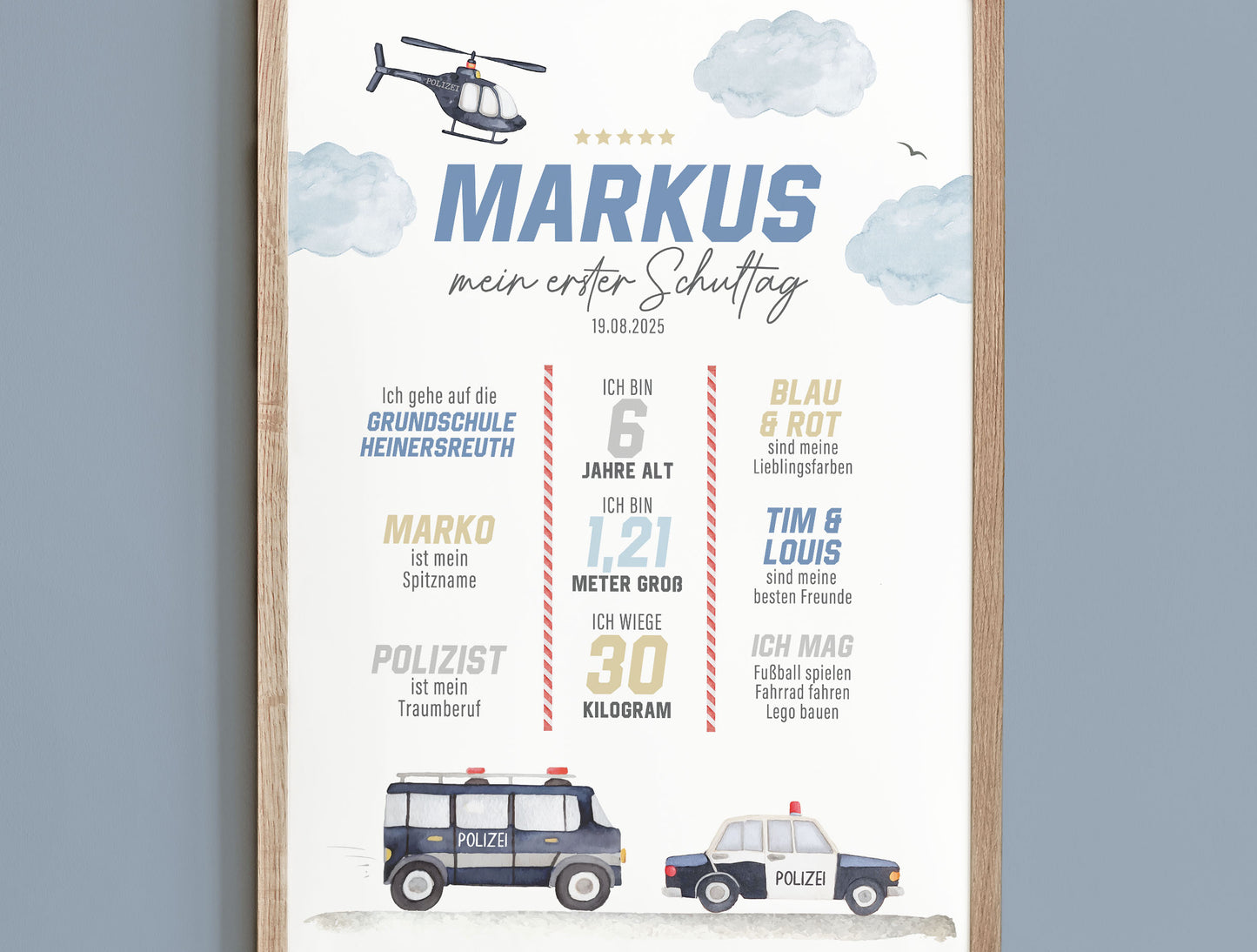 Personalisierte Meilensteintafel zur Einschulung, Meilensteinposter Polizei