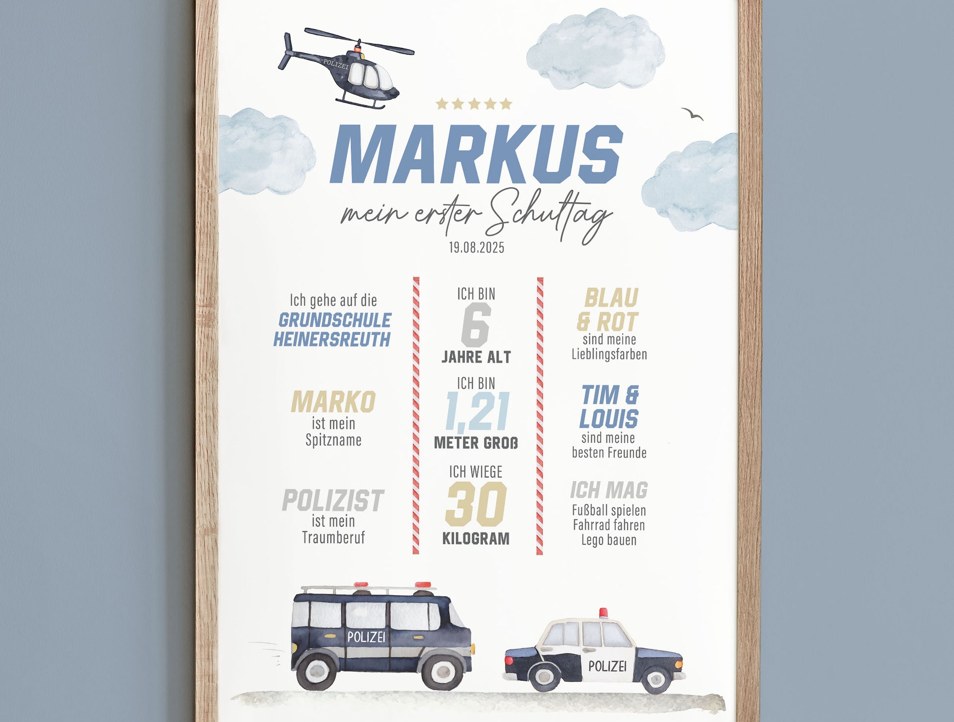 Personalisierte Meilensteintafel zur Einschulung, Meilensteinposter Polizei