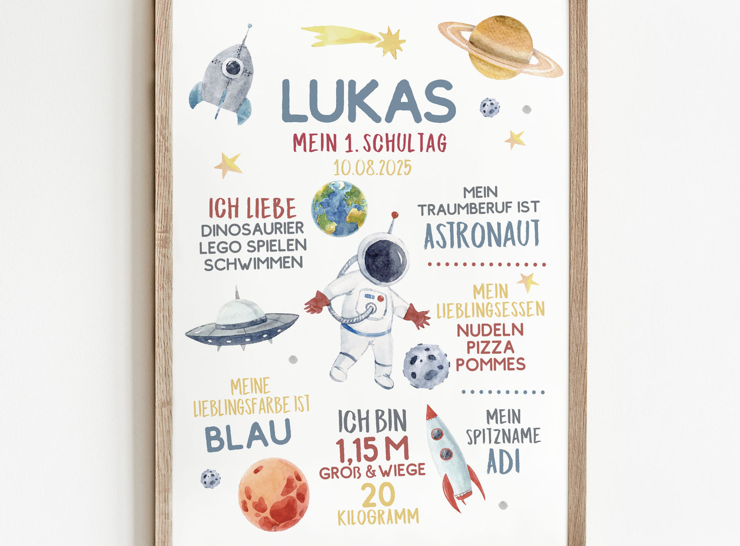 Personalisierte Meilensteintafel zur Einschulung, Meilensteinposter, Astronaut