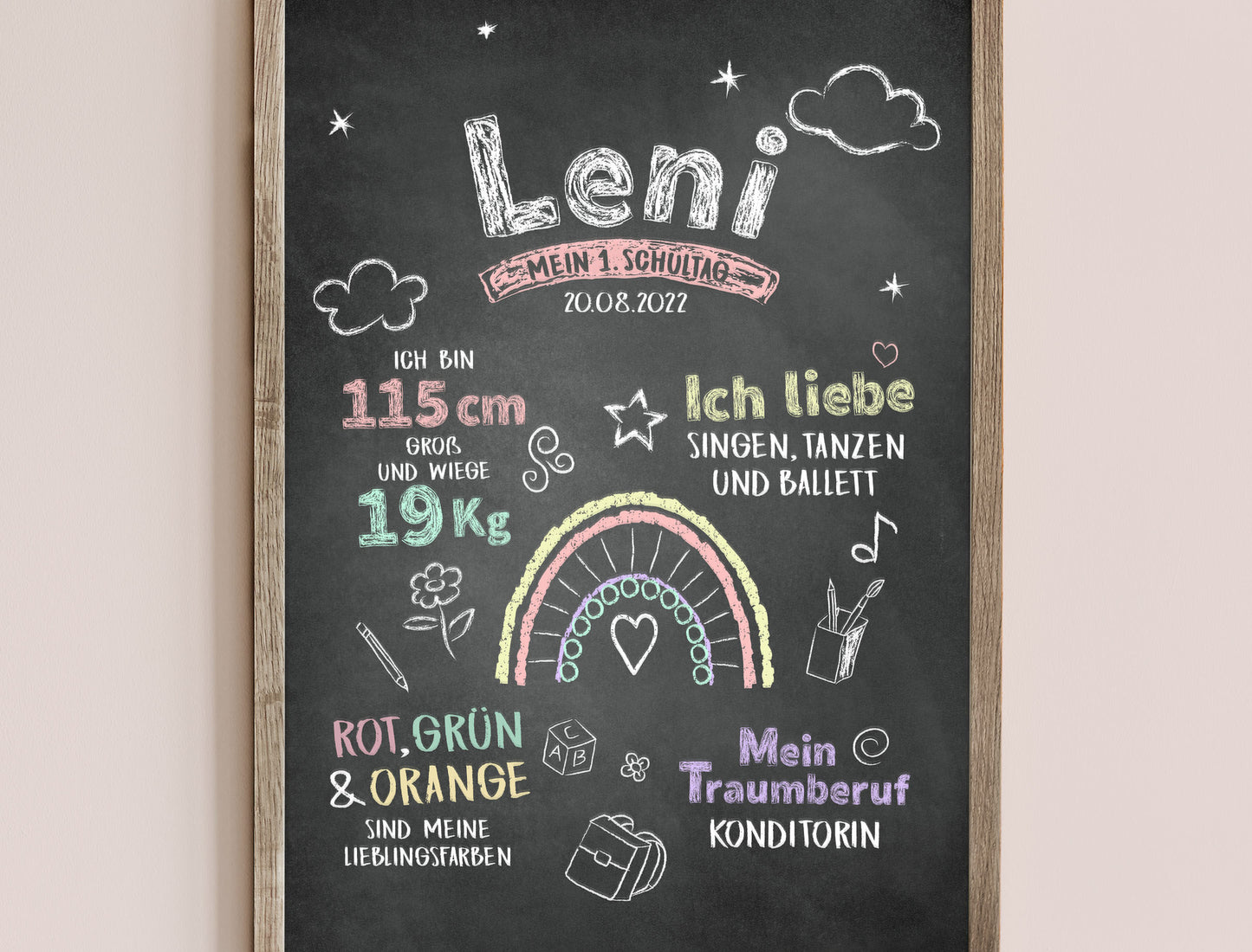 Personalisierte Meilensteintafel zur Einschulung, Meilensteinposter, Regenbogen