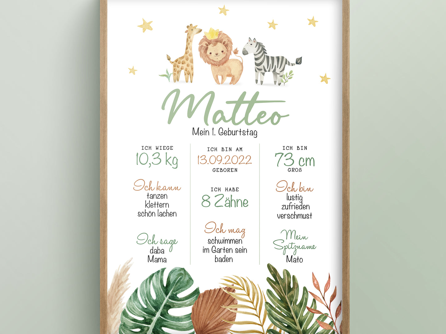 Meilensteintafel zum 1. Geburtstag, personalisiert, Safari, Geburtstagsposter